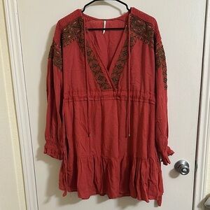 EUC Free People Women's Burnt Orange Bohemian Long sleeve mini dress